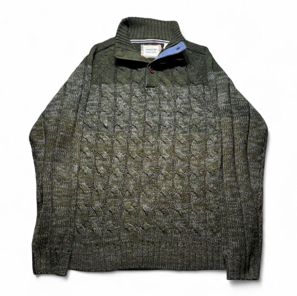 American Threads Men's L Green Cable-Knit Mock Neck Button Accent Sweater
